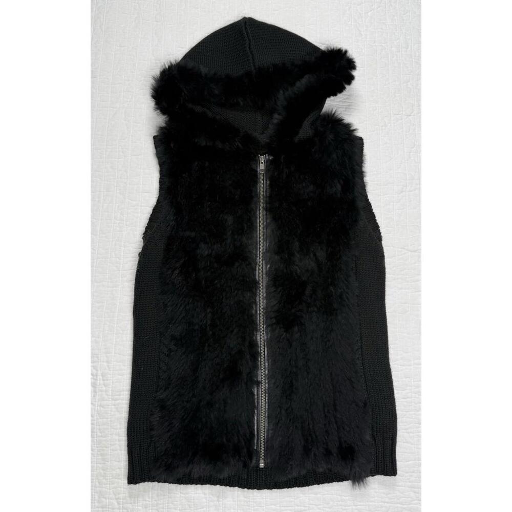 BCBG MaxAzria Rabbit Fur Trim Knit Hooded Vest Black Wool Blend Size M